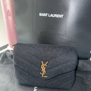 Saint Laurent Textured Black Pouch with Gold Emblem